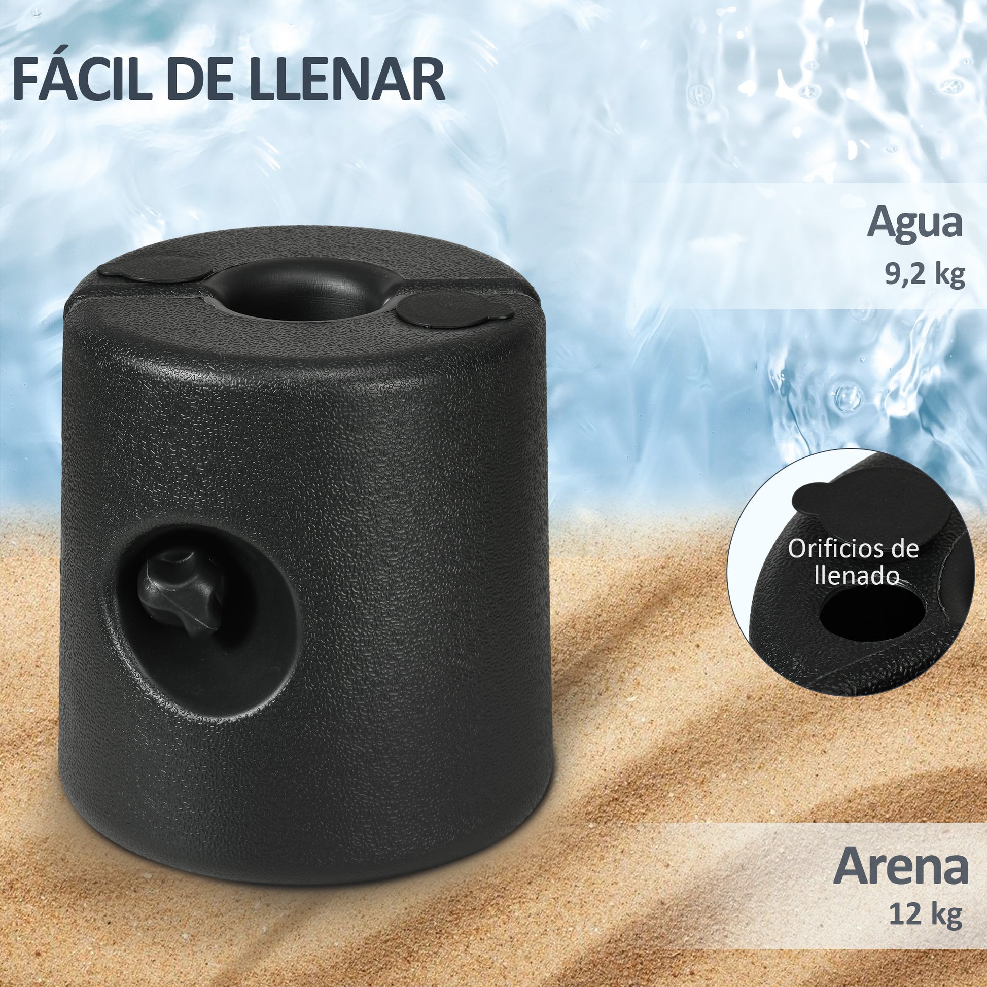 Pack of 4 Weights for Folding Tents Fillable Supports with 9.2 kg of Water or 12 kg of Sand Gazebo Weights with Fixing Knobs Ø24x25.5 cm Black