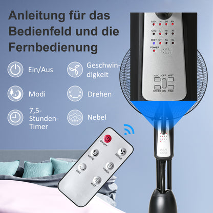 Water Cooled Pedestal Fan with Mist Spray, Remote Control, 3 Speeds, 2.8 L Water Tank, Timer Function, Oscillating, 90 W Water Fan, 120 cm