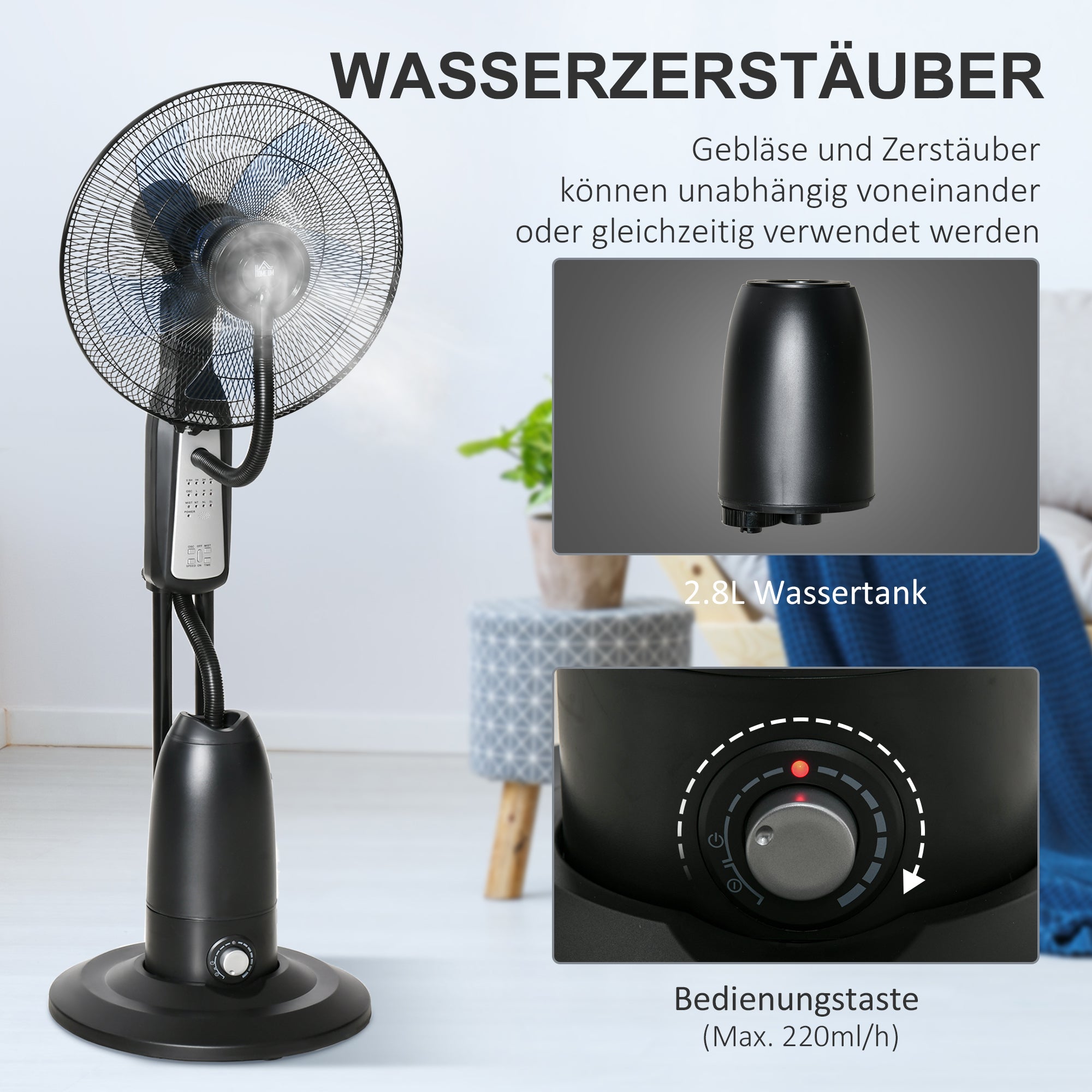 Water Cooled Pedestal Fan with Mist Spray, Remote Control, 3 Speeds, 2.8 L Water Tank, Timer Function, Oscillating, 90 W Water Fan, 120 cm