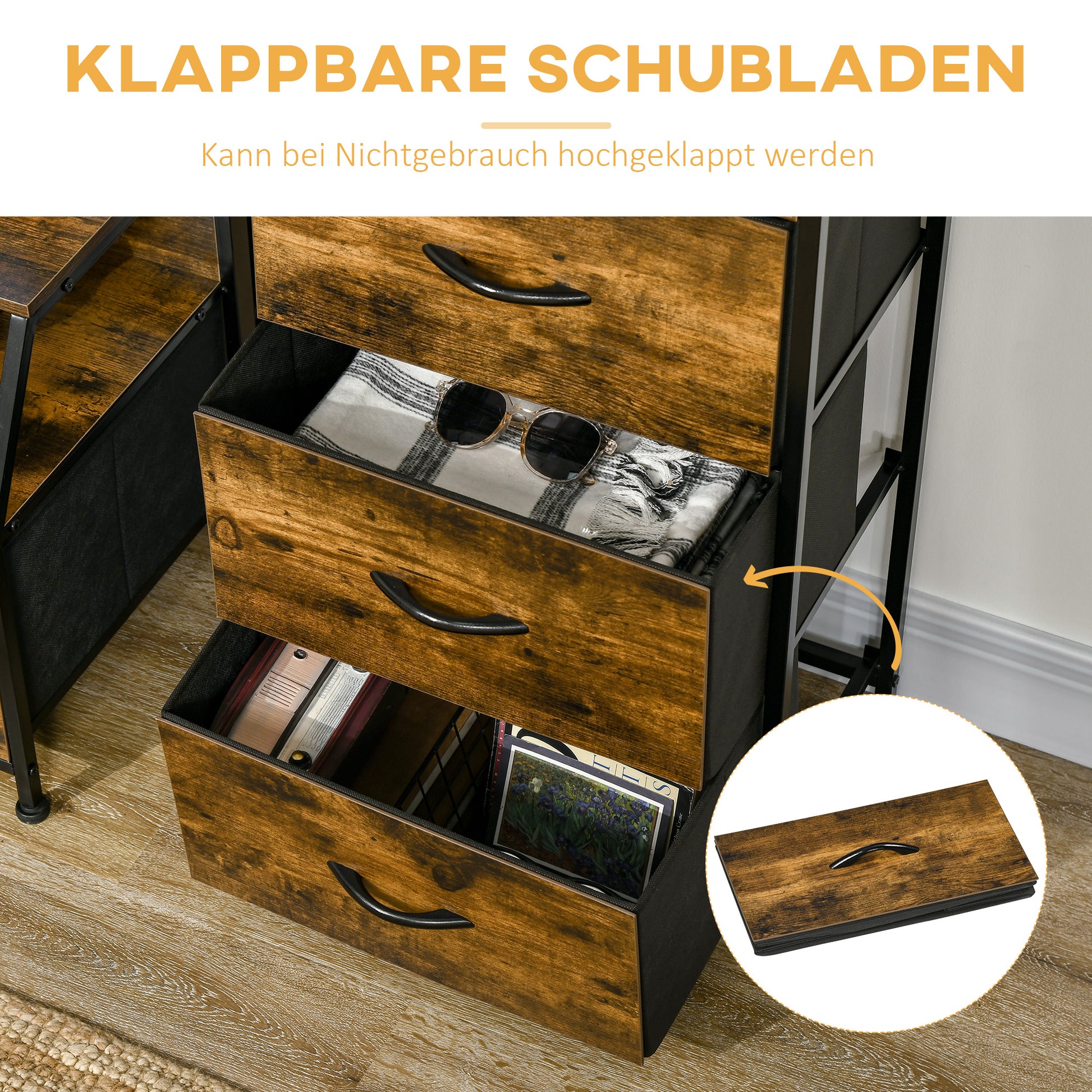 Fabric Drawer Storage Cabinet with 3 Drawers, Shelf Cupboard with Steel Frame Cabinet for Bedroom, Living Room Rustic Brown