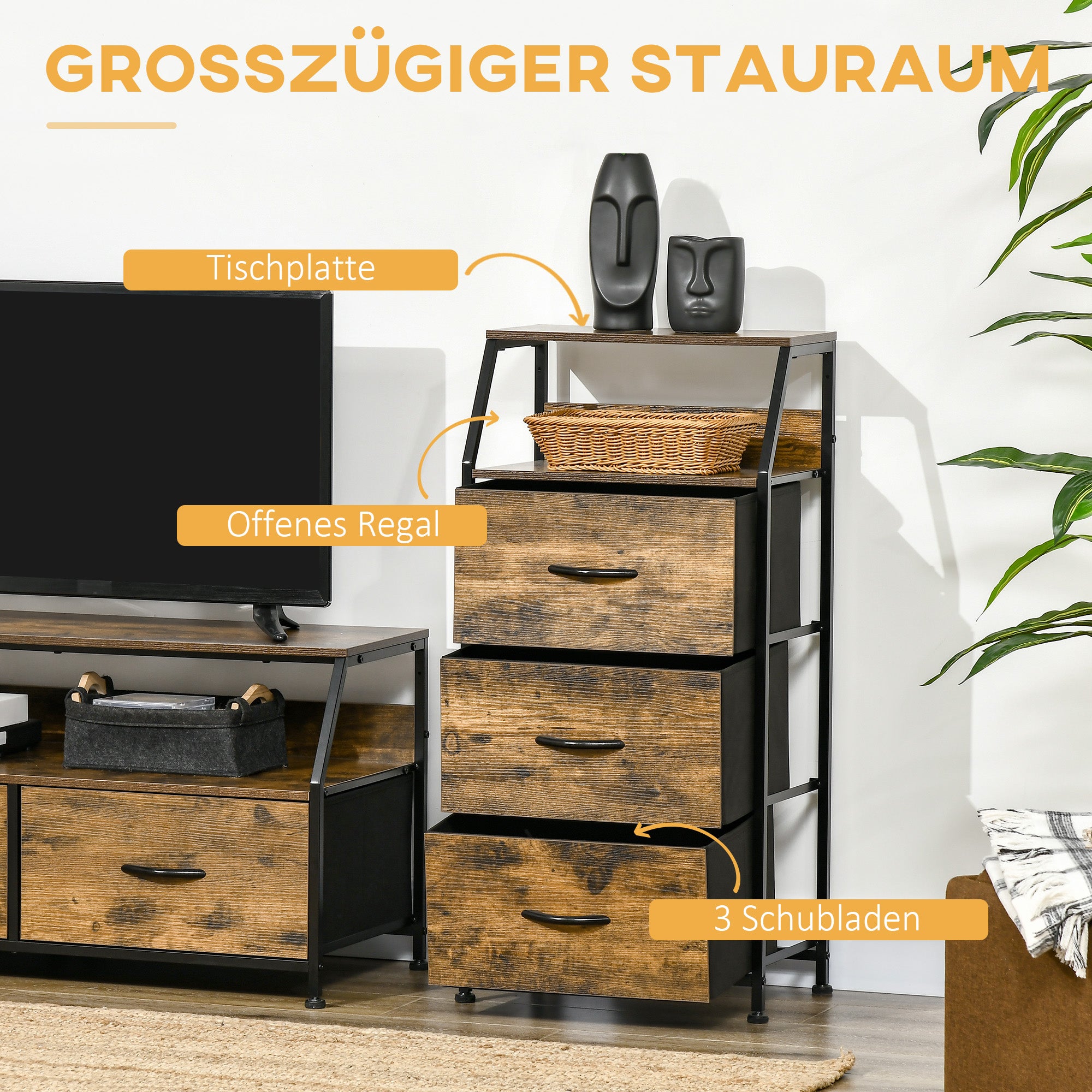 Fabric Drawer Storage Cabinet with 3 Drawers, Shelf Cupboard with Steel Frame Cabinet for Bedroom, Living Room Rustic Brown