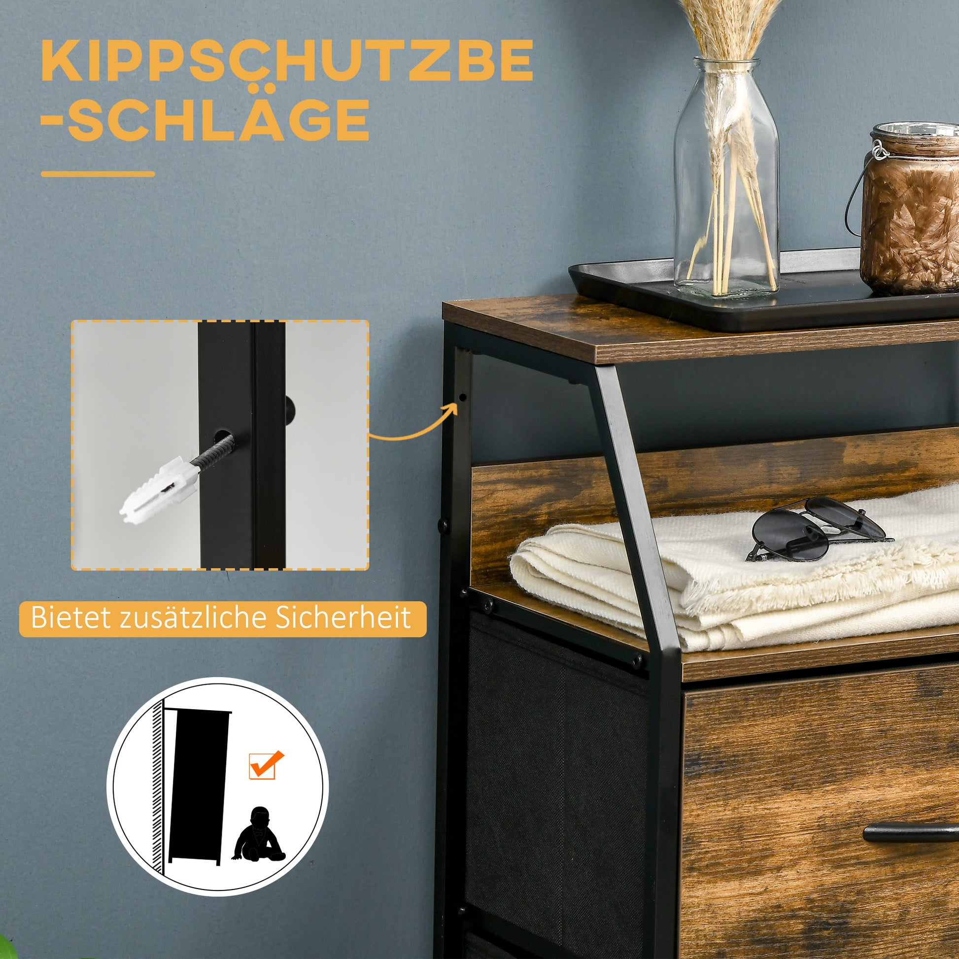 Fabric Drawer Storage Cabinet with 3 Drawers, Shelf Cupboard with Steel Frame Cabinet for Bedroom, Living Room Rustic Brown