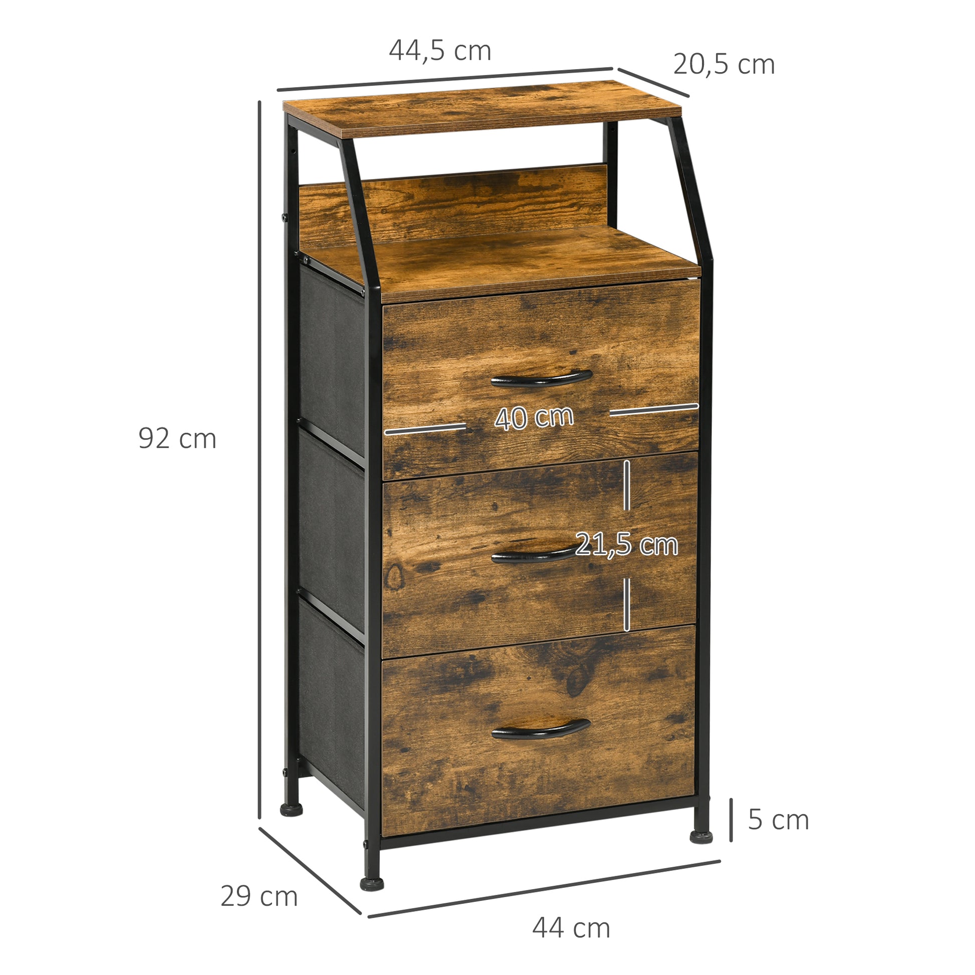 Fabric Drawer Storage Cabinet with 3 Drawers, Shelf Cupboard with Steel Frame Cabinet for Bedroom, Living Room Rustic Brown