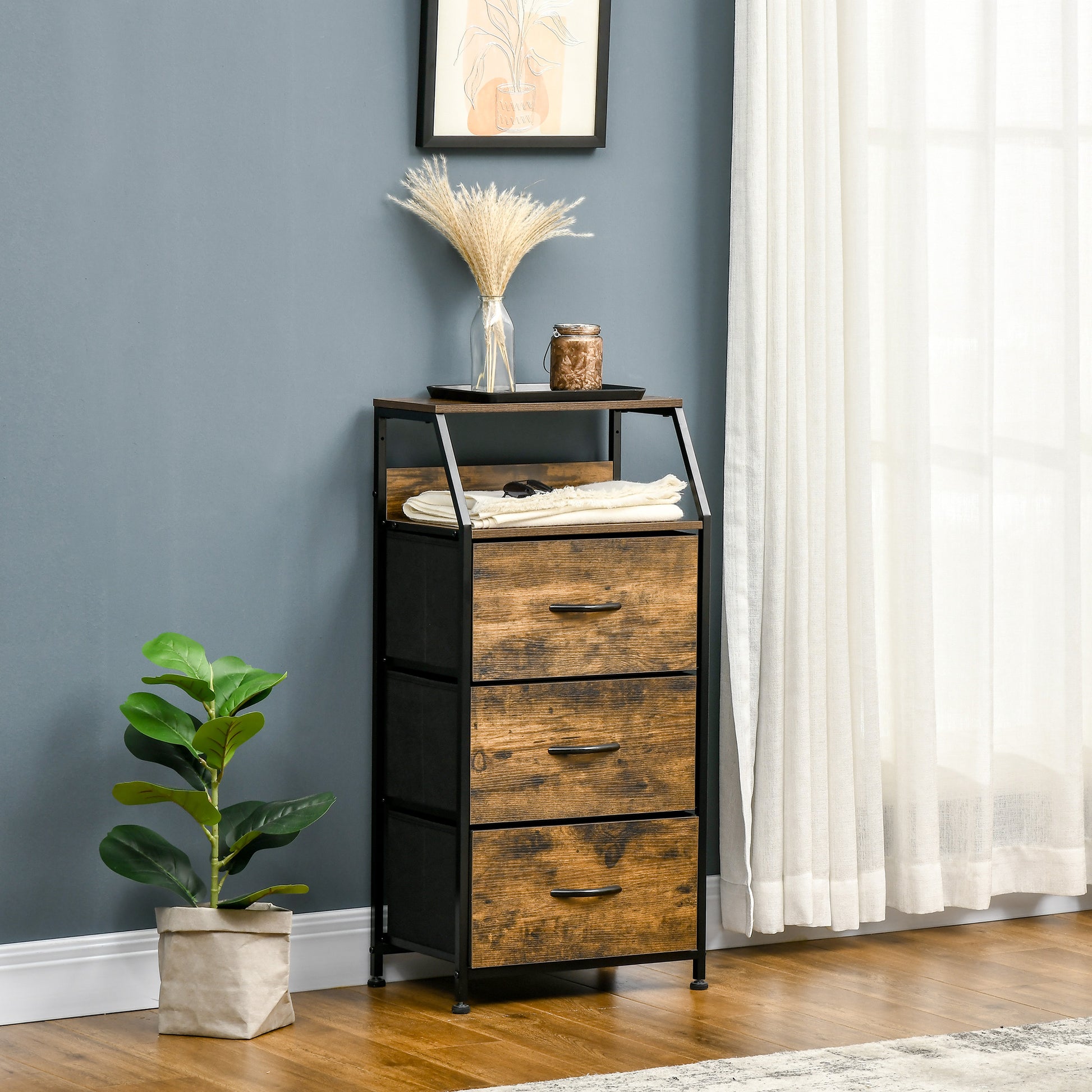 Fabric Drawer Storage Cabinet with 3 Drawers, Shelf Cupboard with Steel Frame Cabinet for Bedroom, Living Room Rustic Brown