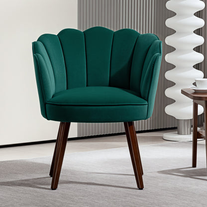 Shell Armchair Living Room Bedroom with Backrest and Velvet Cushion Hevea Wood Legs 66L x 66W x 78.5H cm, Green
