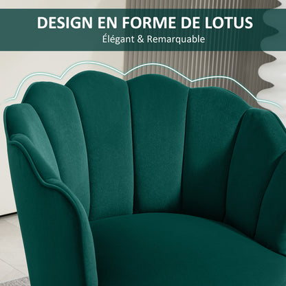 Shell Armchair Living Room Bedroom with Backrest and Velvet Cushion Hevea Wood Legs 66L x 66W x 78.5H cm, Green