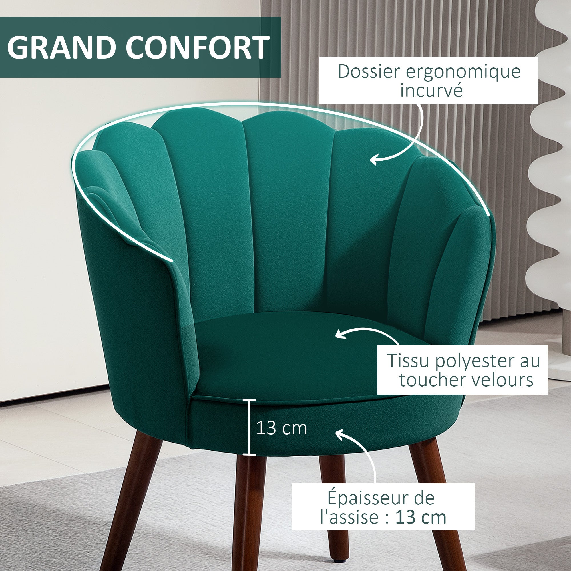 Shell Armchair Living Room Bedroom with Backrest and Velvet Cushion Hevea Wood Legs 66L x 66W x 78.5H cm, Green