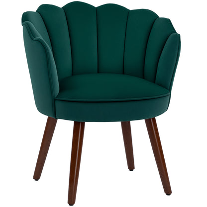 Shell Armchair Living Room Bedroom with Backrest and Velvet Cushion Hevea Wood Legs 66L x 66W x 78.5H cm, Green