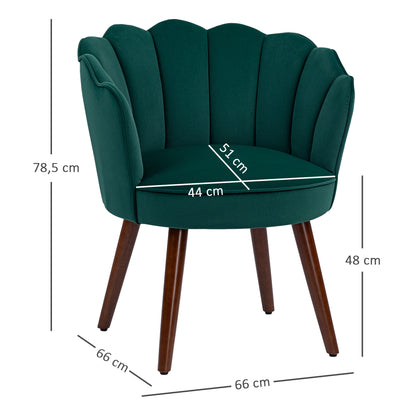 Shell Armchair Living Room Bedroom with Backrest and Velvet Cushion Hevea Wood Legs 66L x 66W x 78.5H cm, Green