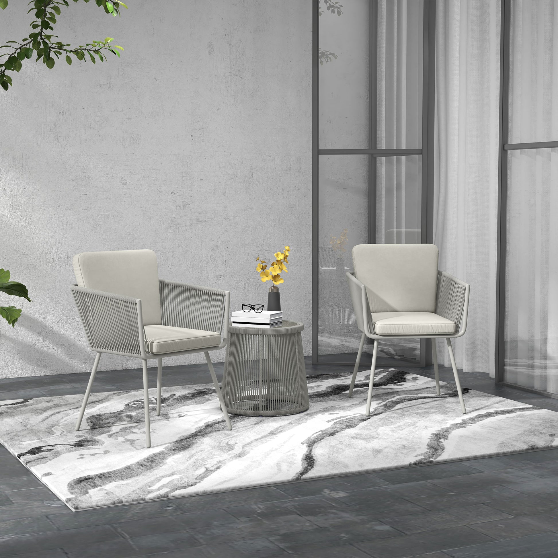 Colonial Style 3-Piece Garden Lounge Set 2 Armchairs with Gray Cushions + Gray Epoxy Steel Wicker Coffee Table