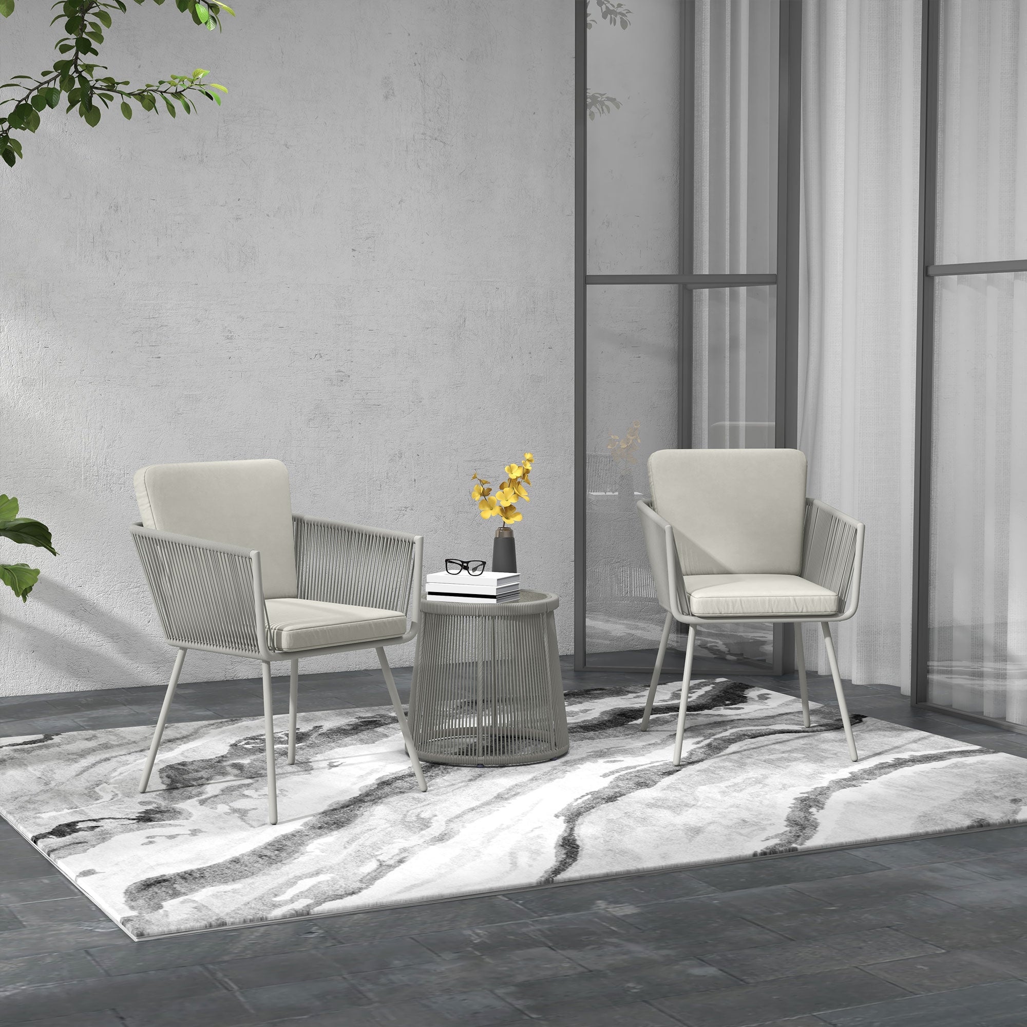 Colonial Style 3-Piece Garden Lounge Set 2 Armchairs with Gray Cushions + Gray Epoxy Steel Wicker Coffee Table