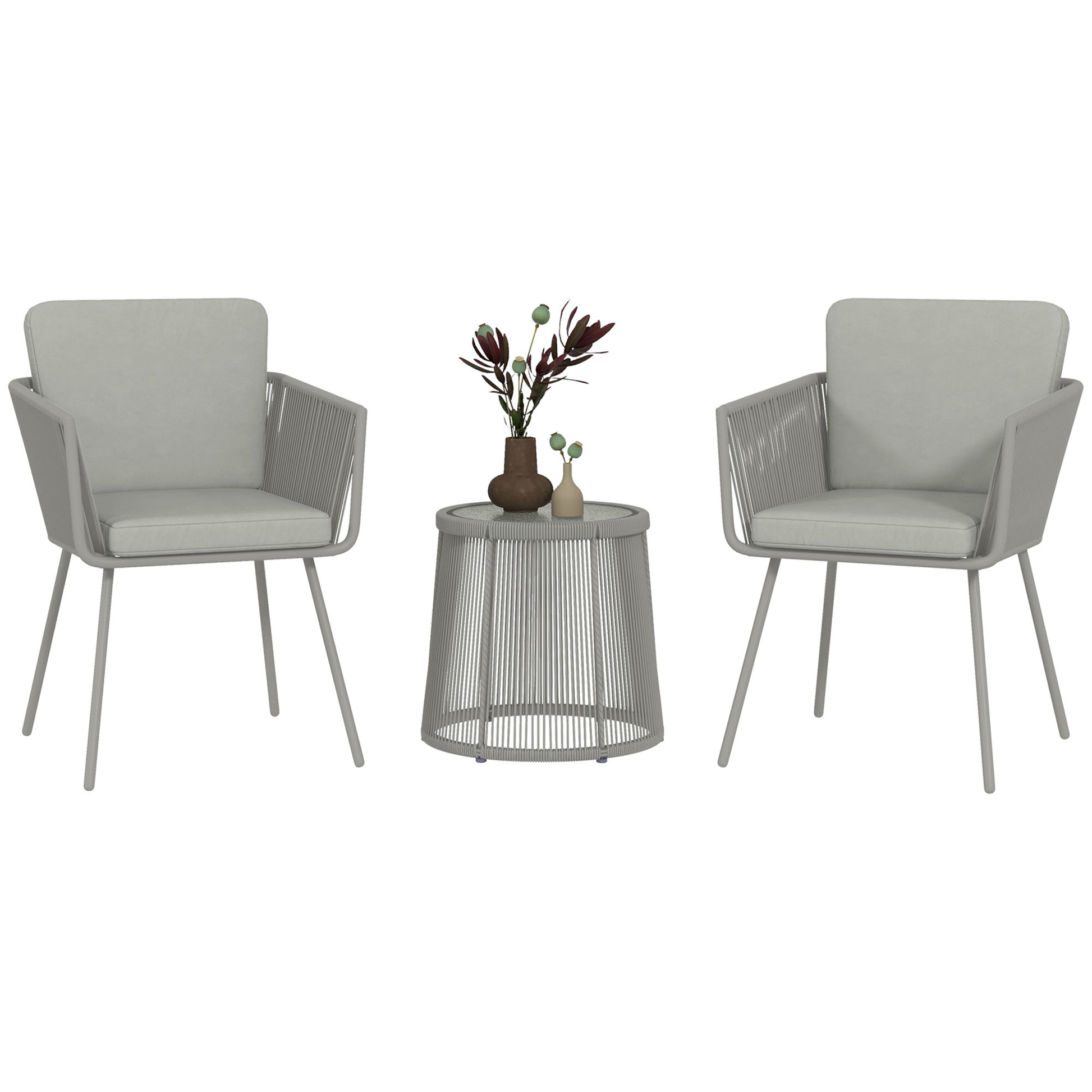 Colonial Style 3-Piece Garden Lounge Set 2 Armchairs with Gray Cushions + Gray Epoxy Steel Wicker Coffee Table