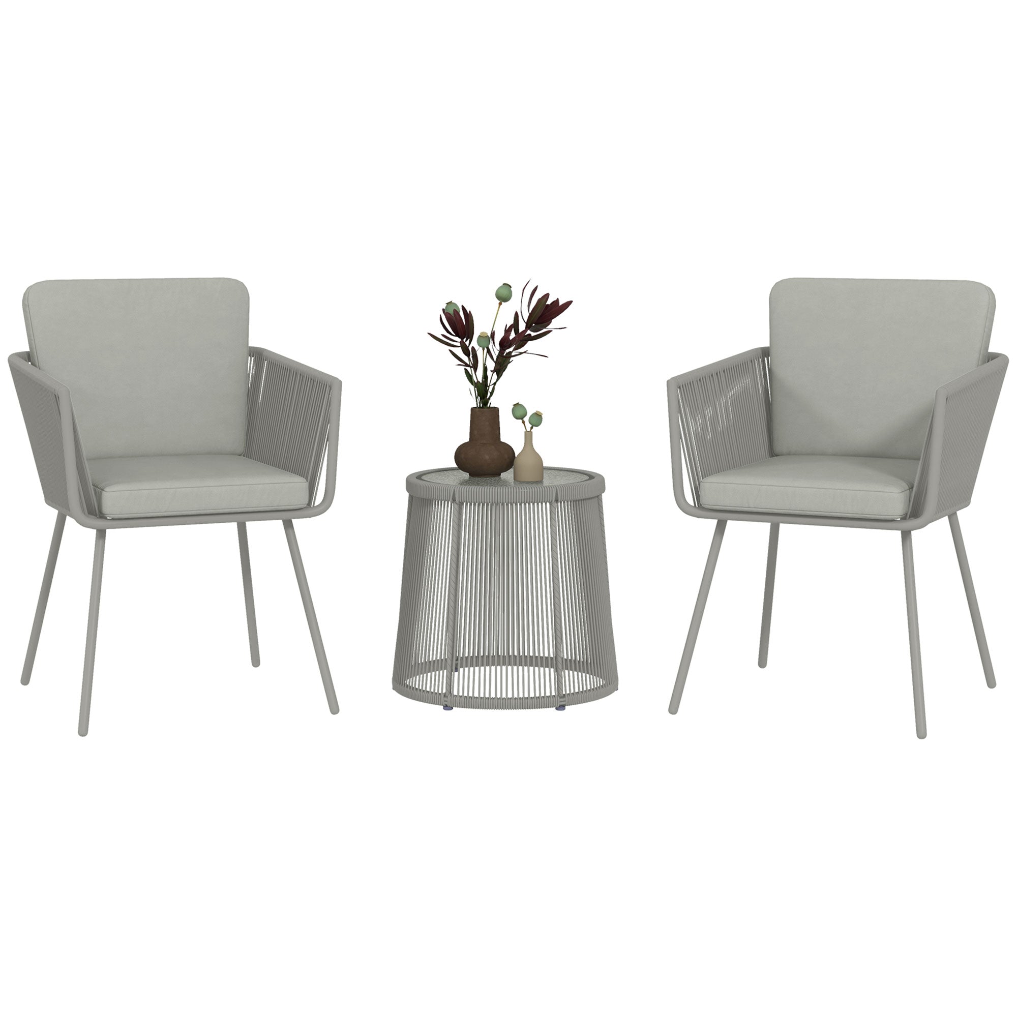 Colonial Style 3-Piece Garden Lounge Set 2 Armchairs with Gray Cushions + Gray Epoxy Steel Wicker Coffee Table