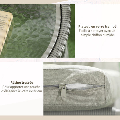 Colonial Style 3-Piece Garden Lounge Set 2 Armchairs with Gray Cushions + Gray Epoxy Steel Wicker Coffee Table