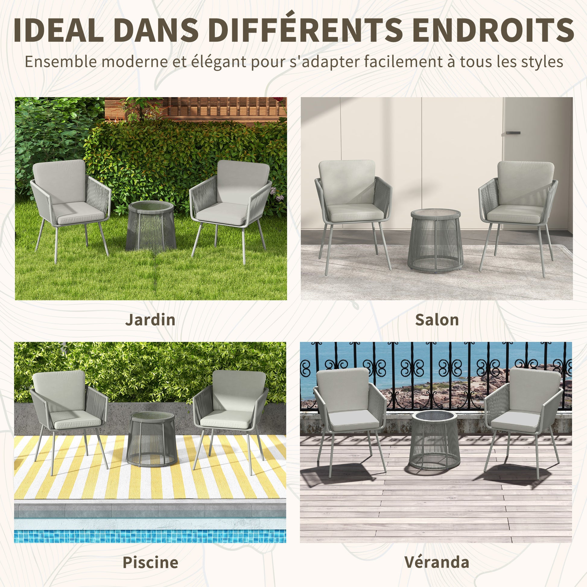 Colonial Style 3-Piece Garden Lounge Set 2 Armchairs with Gray Cushions + Gray Epoxy Steel Wicker Coffee Table