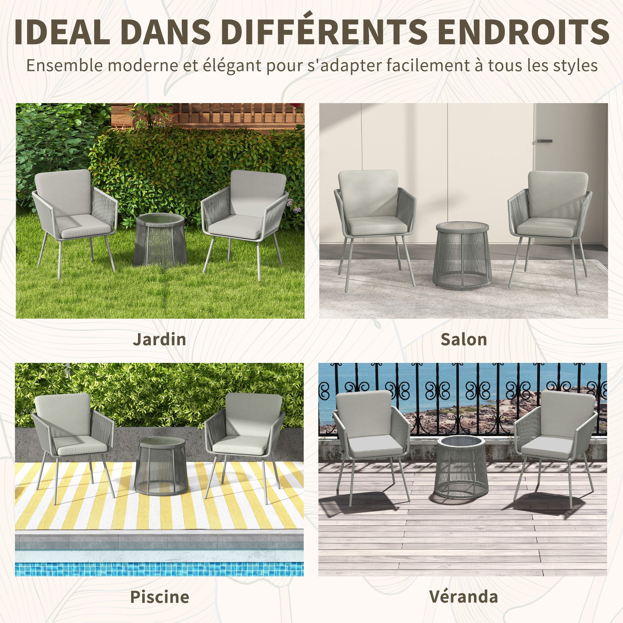 Colonial Style 3-Piece Garden Lounge Set 2 Armchairs with Gray Cushions + Gray Epoxy Steel Wicker Coffee Table