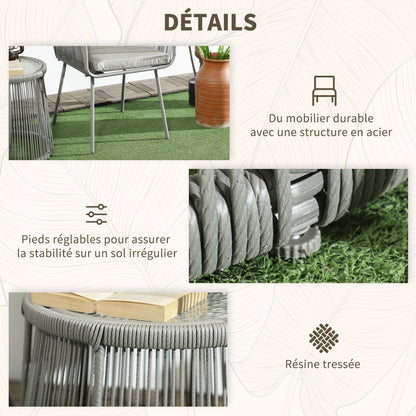 Colonial Style 3-Piece Garden Lounge Set 2 Armchairs with Gray Cushions + Gray Epoxy Steel Wicker Coffee Table