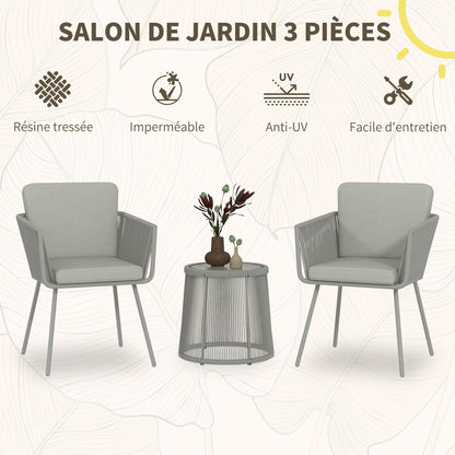 Colonial Style 3-Piece Garden Lounge Set 2 Armchairs with Gray Cushions + Gray Epoxy Steel Wicker Coffee Table