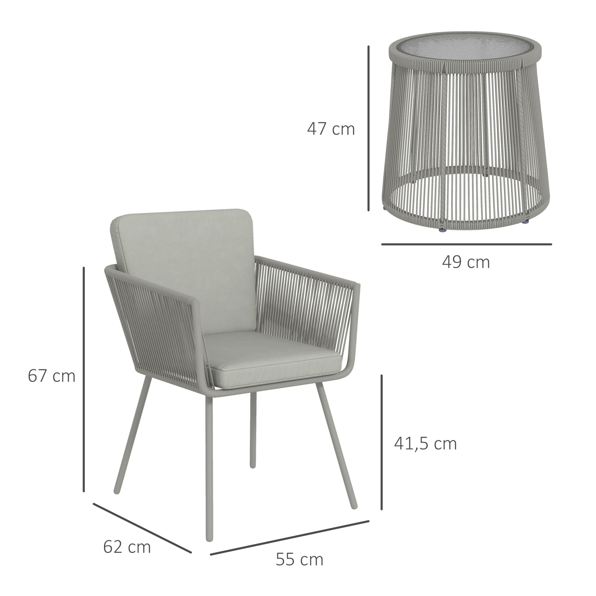 Colonial Style 3-Piece Garden Lounge Set 2 Armchairs with Gray Cushions + Gray Epoxy Steel Wicker Coffee Table