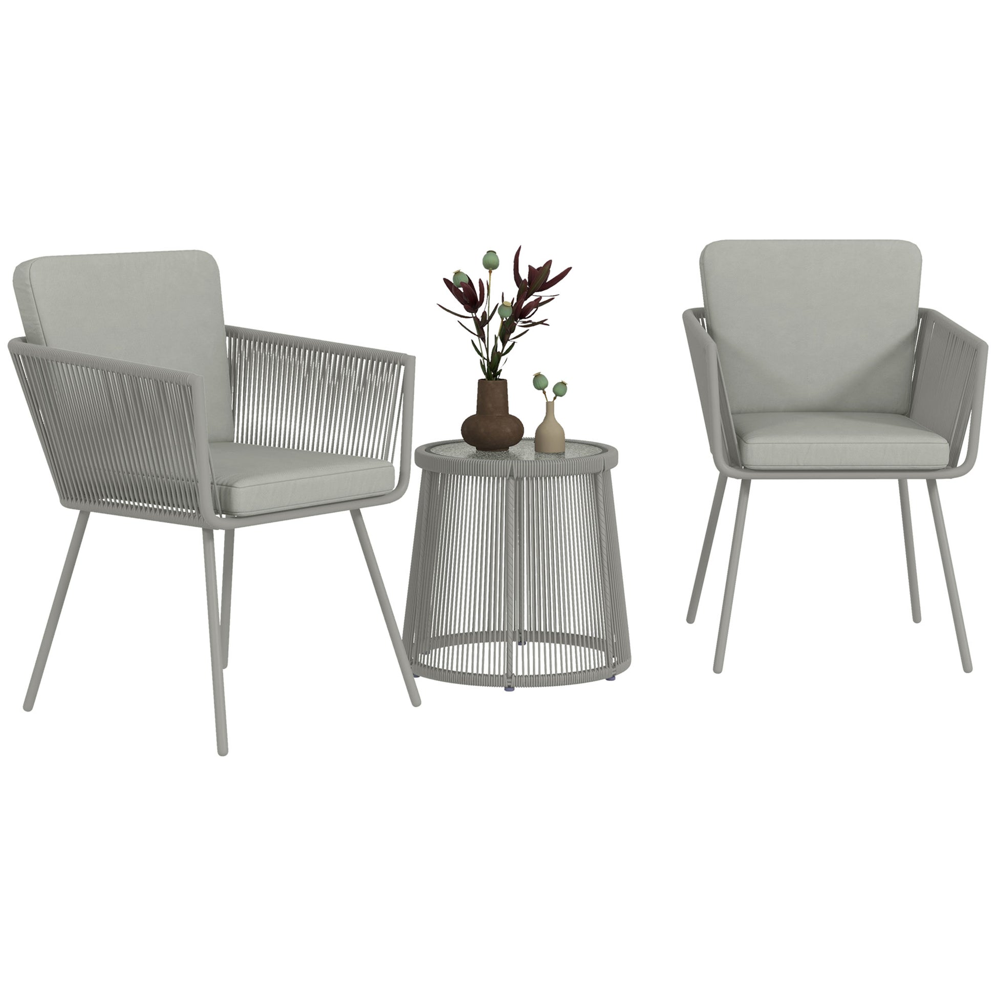 Colonial Style 3-Piece Garden Lounge Set 2 Armchairs with Gray Cushions + Gray Epoxy Steel Wicker Coffee Table