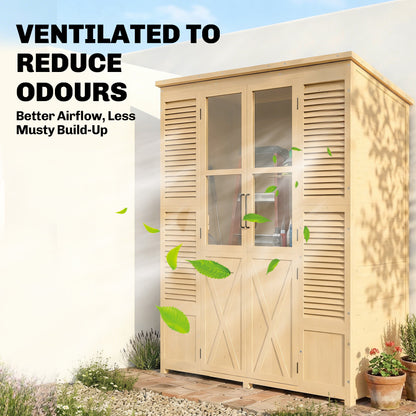 Walk-In Fir Wood Garden Shed with Asphalt Sloped Roof, 4 Windows, 6 Shelves, Ventilation & Anti-Tip Kit — 57.9 x 26.8 x 78.0 in (147 x 68 x 198 cm), Natural Wood
