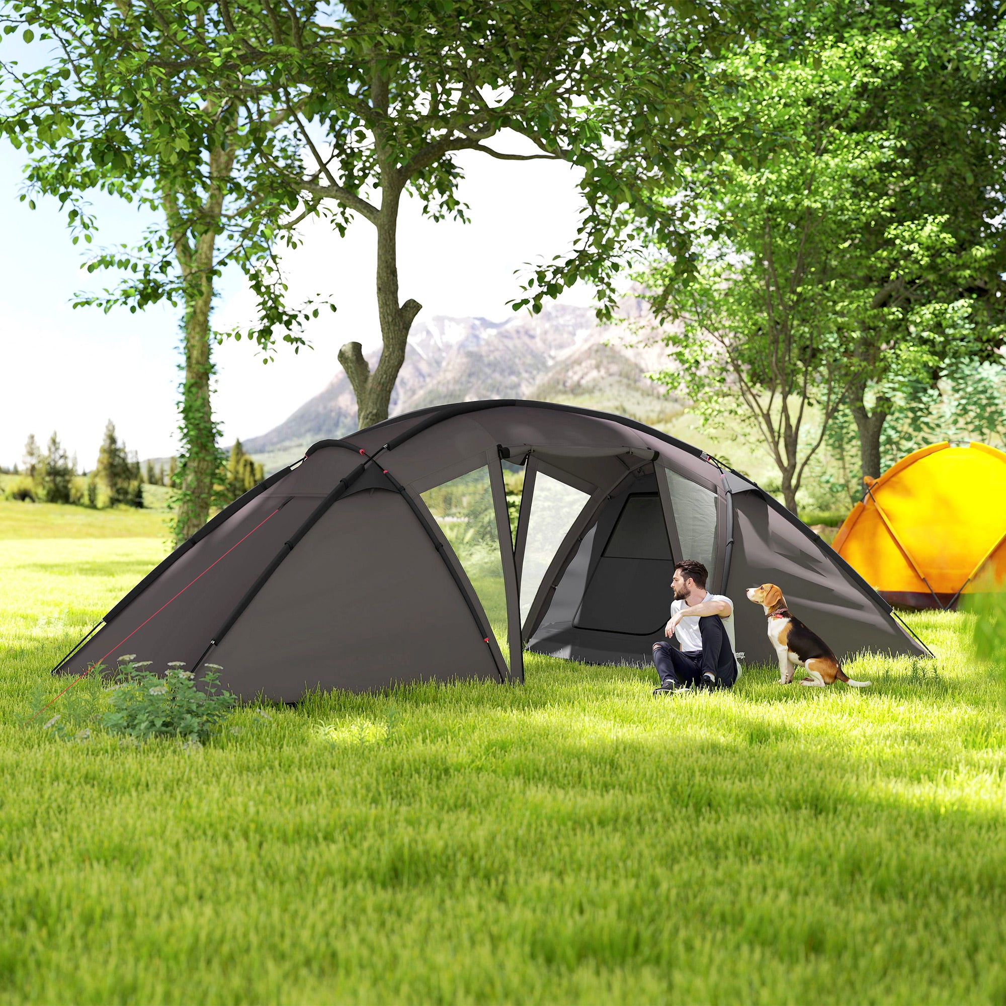 Family Camping Tent for 4-6 People, 3000mm Waterproof Tunnel Tent with 2 Doors, Windows, Carry Bag, Groundsheet for Camping Travel Hiking Garden, Black
