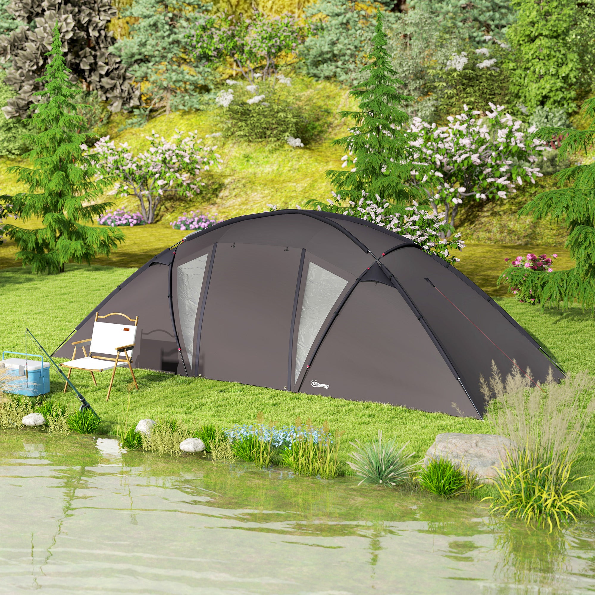 Family Camping Tent for 4-6 People, 3000mm Waterproof Tunnel Tent with 2 Doors, Windows, Carry Bag, Groundsheet for Camping Travel Hiking Garden, Black