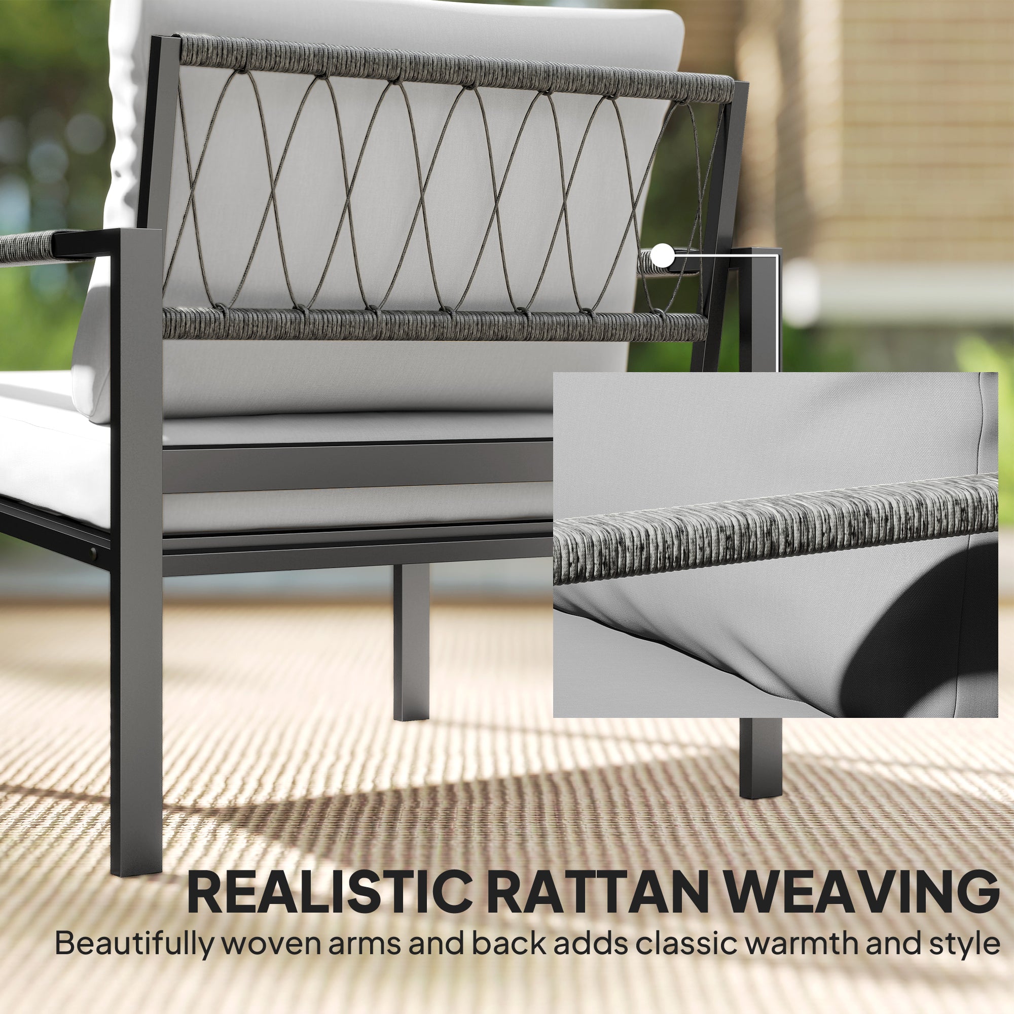 5-Piece Weather-Resistant Patio Set for 4 — 2-Seater Sofa, 2 Armchairs with Cushions, 2 Side Tables, Light Gray