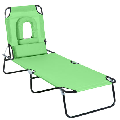 Folding Sun Lounger Garden Lounger with Face Hole, Headrest, Lounger with 4-Position Adjustable Backrest, Weather-Resistant Camping Lounger up to 120 kg load-bearing capacity, for Garden Beach Pool, Green