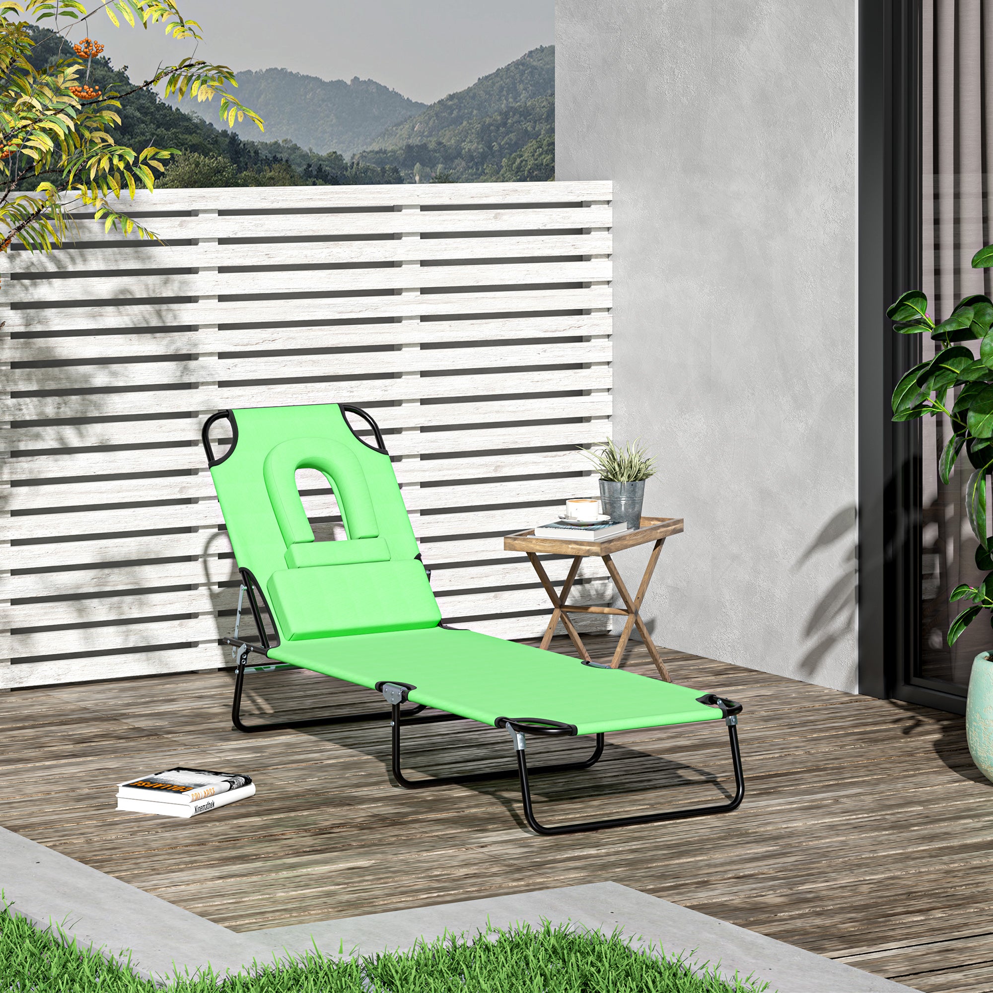 Folding Sun Lounger Garden Lounger with Face Hole, Headrest, Lounger with 4-Position Adjustable Backrest, Weather-Resistant Camping Lounger up to 120 kg load-bearing capacity, for Garden Beach Pool, Green
