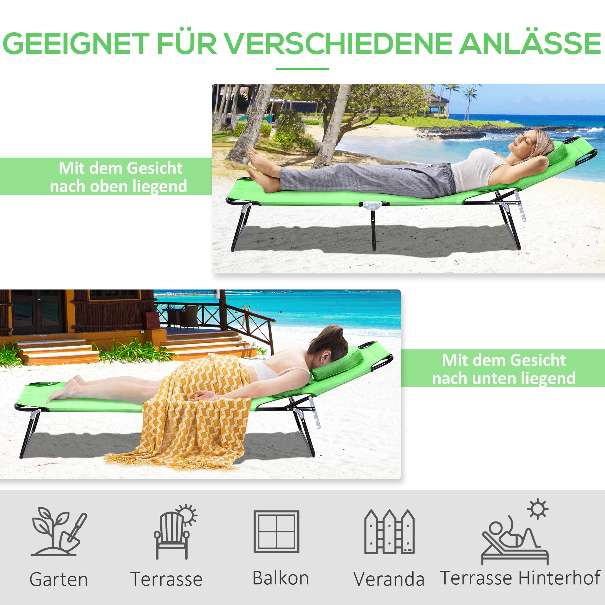 Folding Sun Lounger Garden Lounger with Face Hole, Headrest, Lounger with 4-Position Adjustable Backrest, Weather-Resistant Camping Lounger up to 120 kg load-bearing capacity, for Garden Beach Pool, Green