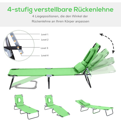 Folding Sun Lounger Garden Lounger with Face Hole, Headrest, Lounger with 4-Position Adjustable Backrest, Weather-Resistant Camping Lounger up to 120 kg load-bearing capacity, for Garden Beach Pool, Green