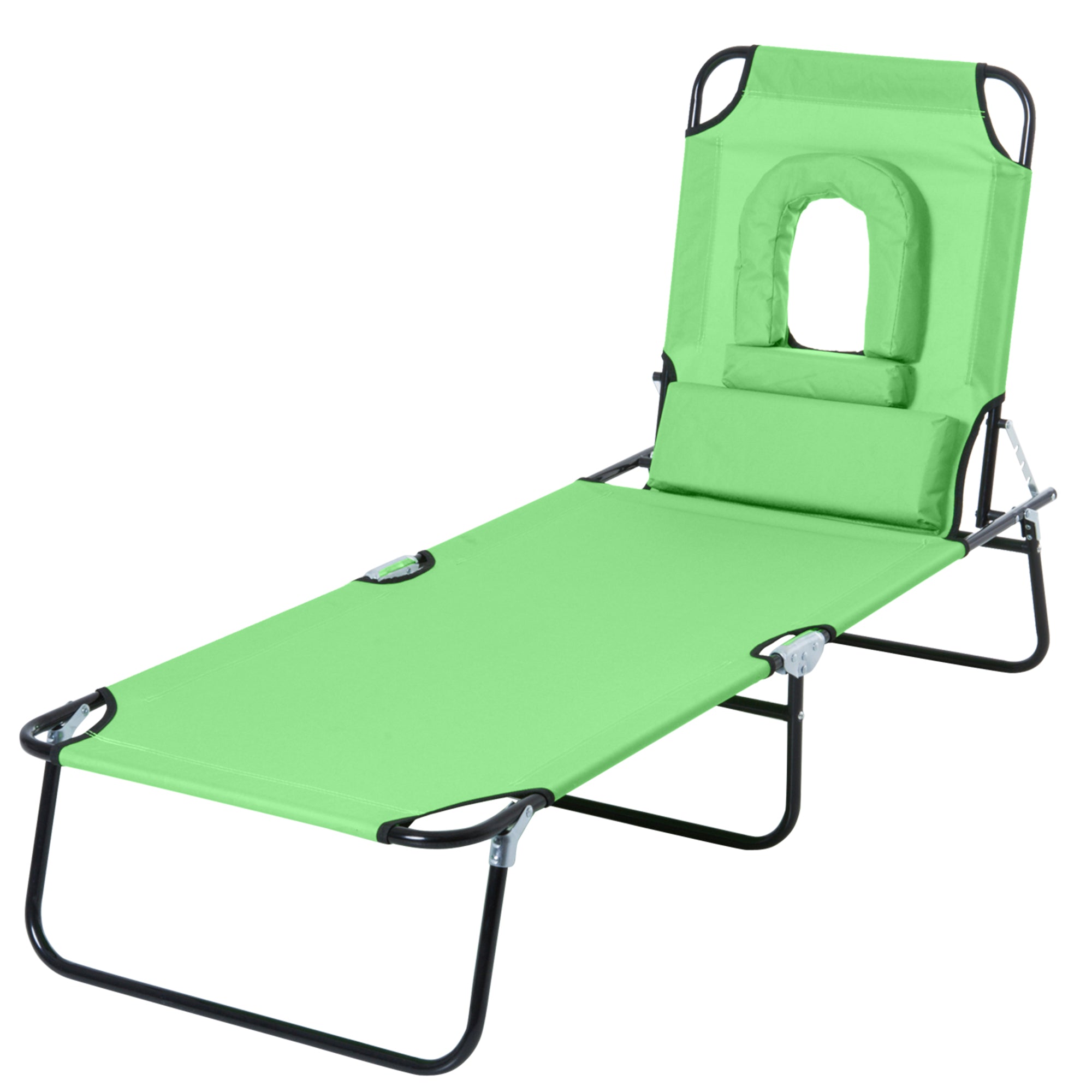 Folding Sun Lounger Garden Lounger with Face Hole, Headrest, Lounger with 4-Position Adjustable Backrest, Weather-Resistant Camping Lounger up to 120 kg load-bearing capacity, for Garden Beach Pool, Green