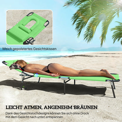 Folding Sun Lounger Garden Lounger with Face Hole, Headrest, Lounger with 4-Position Adjustable Backrest, Weather-Resistant Camping Lounger up to 120 kg load-bearing capacity, for Garden Beach Pool, Green