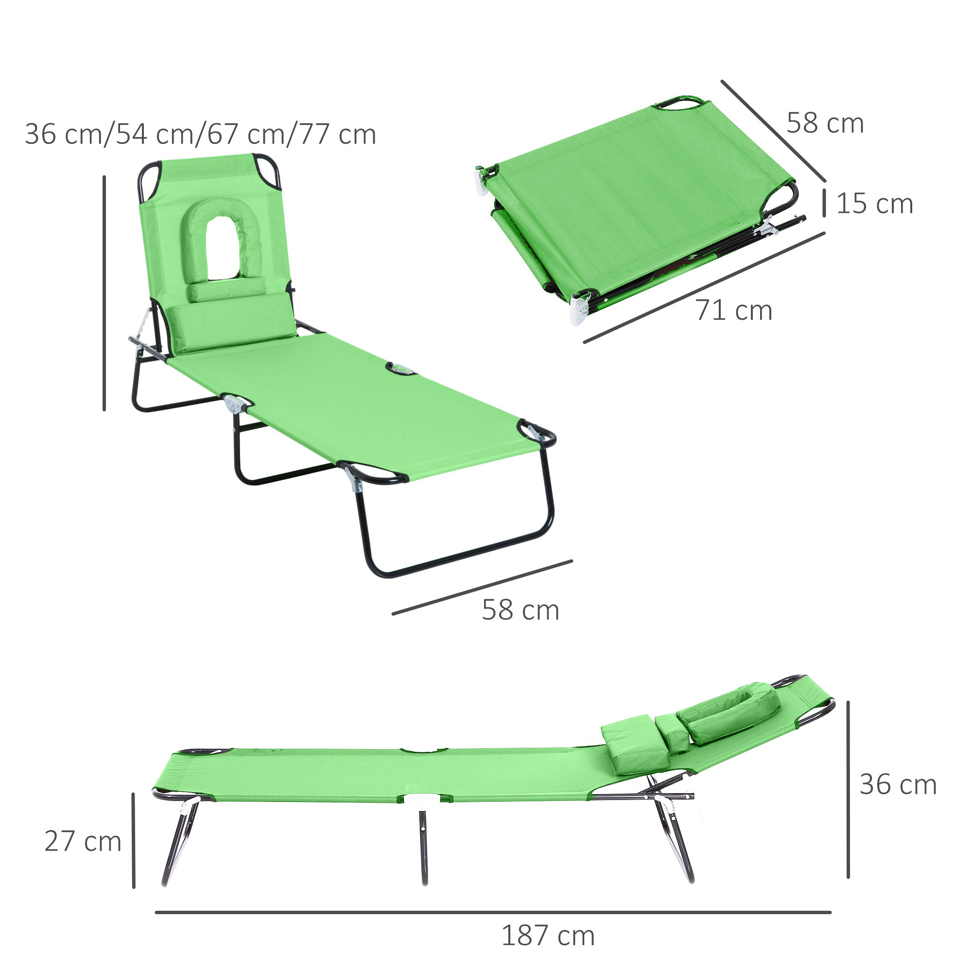 Folding Sun Lounger Garden Lounger with Face Hole, Headrest, Lounger with 4-Position Adjustable Backrest, Weather-Resistant Camping Lounger up to 120 kg load-bearing capacity, for Garden Beach Pool, Green