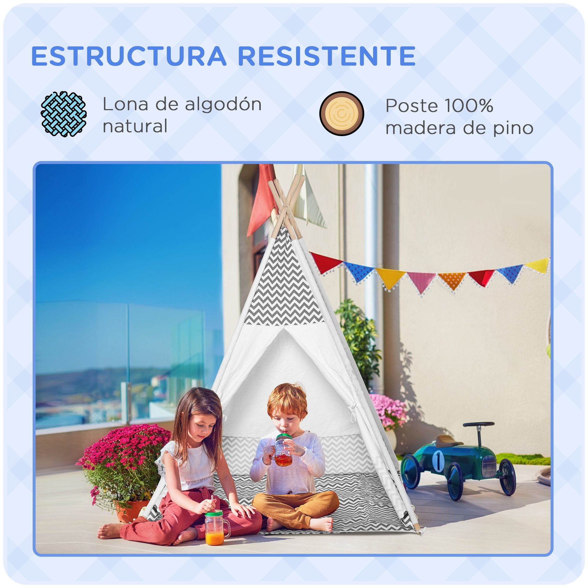 Children's Teepee Tent for +3 Years Old Wooden Kids Tipi with Window Mat and Carrying Bag for Indoors and Outdoors 120x120x155 cm Gray
