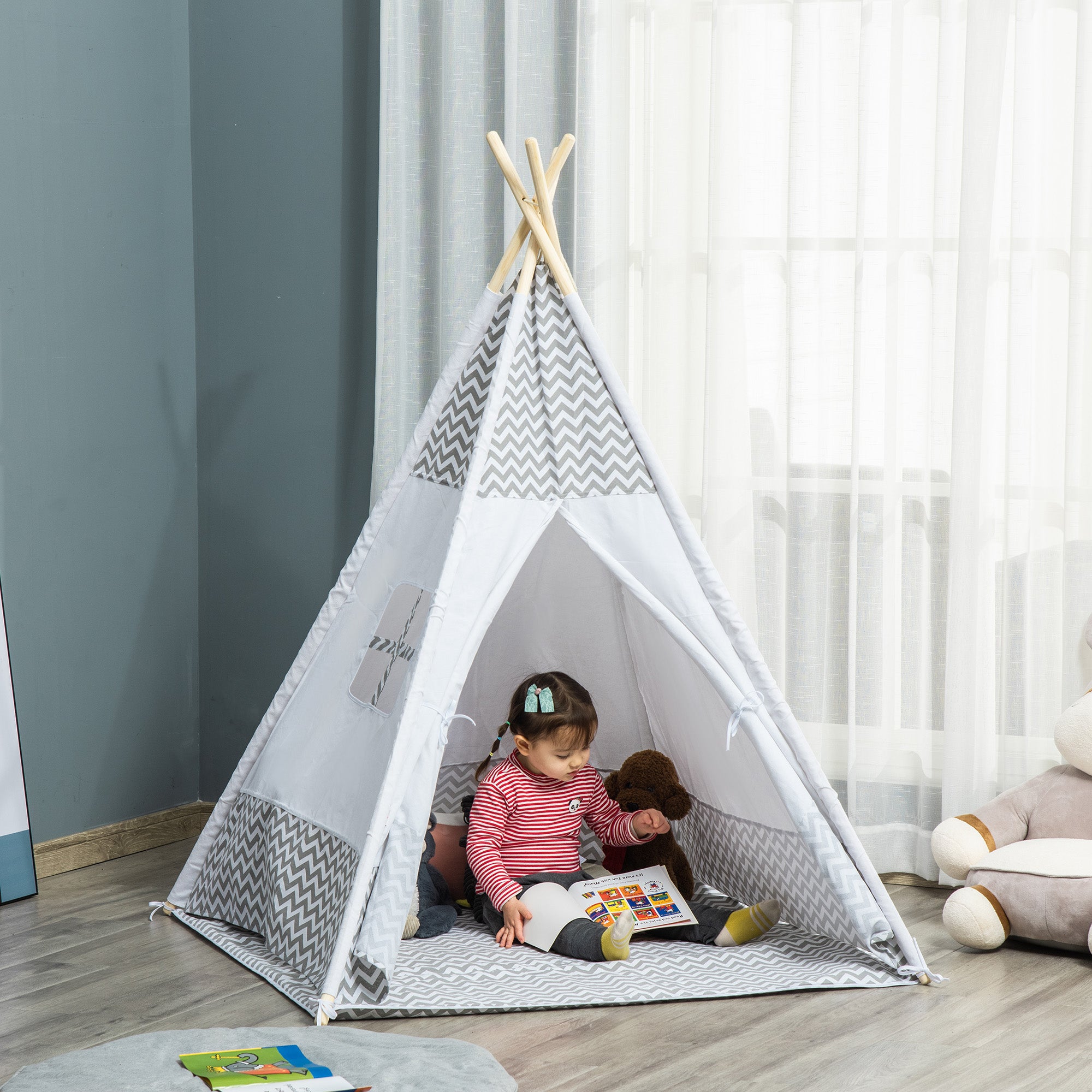 Children's Teepee Tent for +3 Years Old Wooden Kids Tipi with Window Mat and Carrying Bag for Indoors and Outdoors 120x120x155 cm Gray