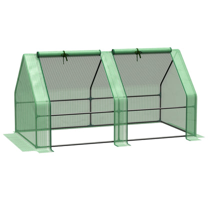 Mini Garden Greenhouse Mini Tunnel Greenhouse 180L x 90W x 90H cm Pointed Roof Steel High Density 140 g/m² Anti-UV 2 Roll-Up Windows with Zip Green