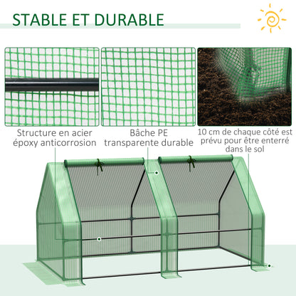 Mini Garden Greenhouse Mini Tunnel Greenhouse 180L x 90W x 90H cm Pointed Roof Steel High Density 140 g/m² Anti-UV 2 Roll-Up Windows with Zip Green