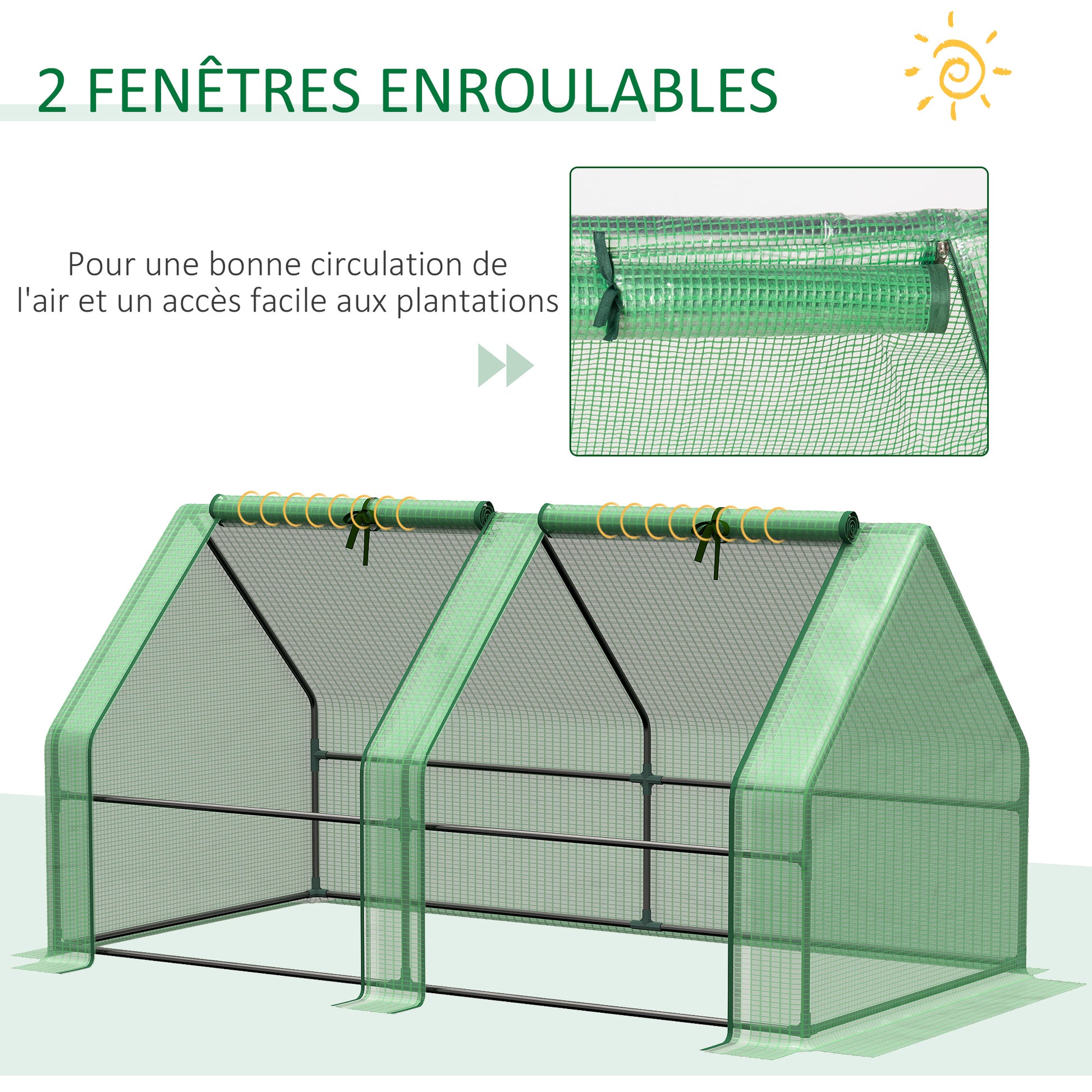 Mini Garden Greenhouse Mini Tunnel Greenhouse 180L x 90W x 90H cm Pointed Roof Steel High Density 140 g/m² Anti-UV 2 Roll-Up Windows with Zip Green