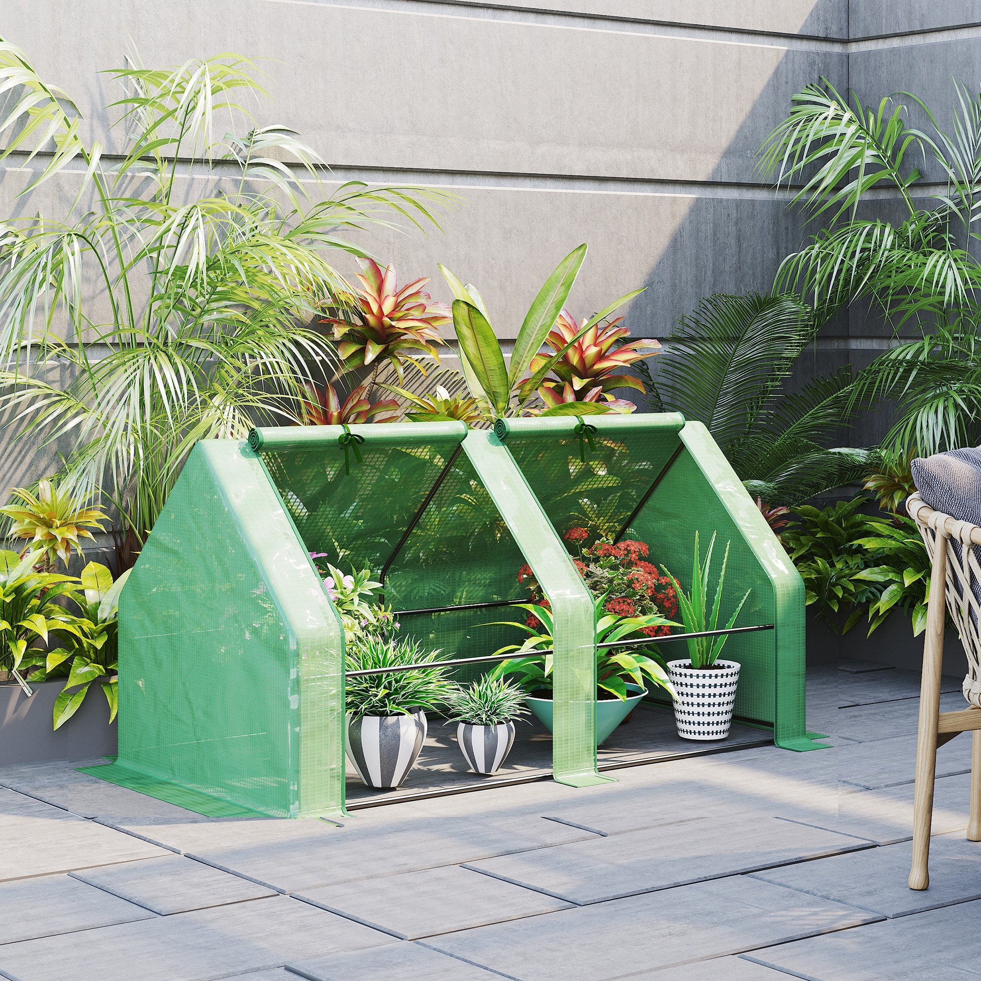 Mini Garden Greenhouse Mini Tunnel Greenhouse 180L x 90W x 90H cm Pointed Roof Steel High Density 140 g/m² Anti-UV 2 Roll-Up Windows with Zip Green