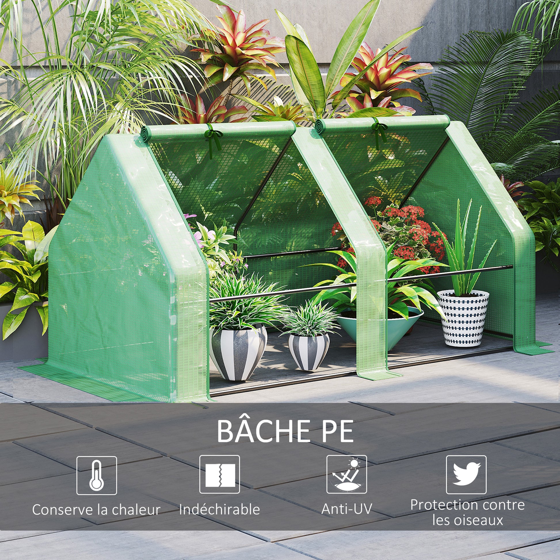 Mini Garden Greenhouse Mini Tunnel Greenhouse 180L x 90W x 90H cm Pointed Roof Steel High Density 140 g/m² Anti-UV 2 Roll-Up Windows with Zip Green