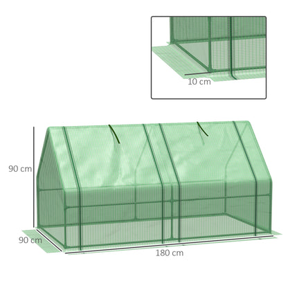 Mini Garden Greenhouse Mini Tunnel Greenhouse 180L x 90W x 90H cm Pointed Roof Steel High Density 140 g/m² Anti-UV 2 Roll-Up Windows with Zip Green