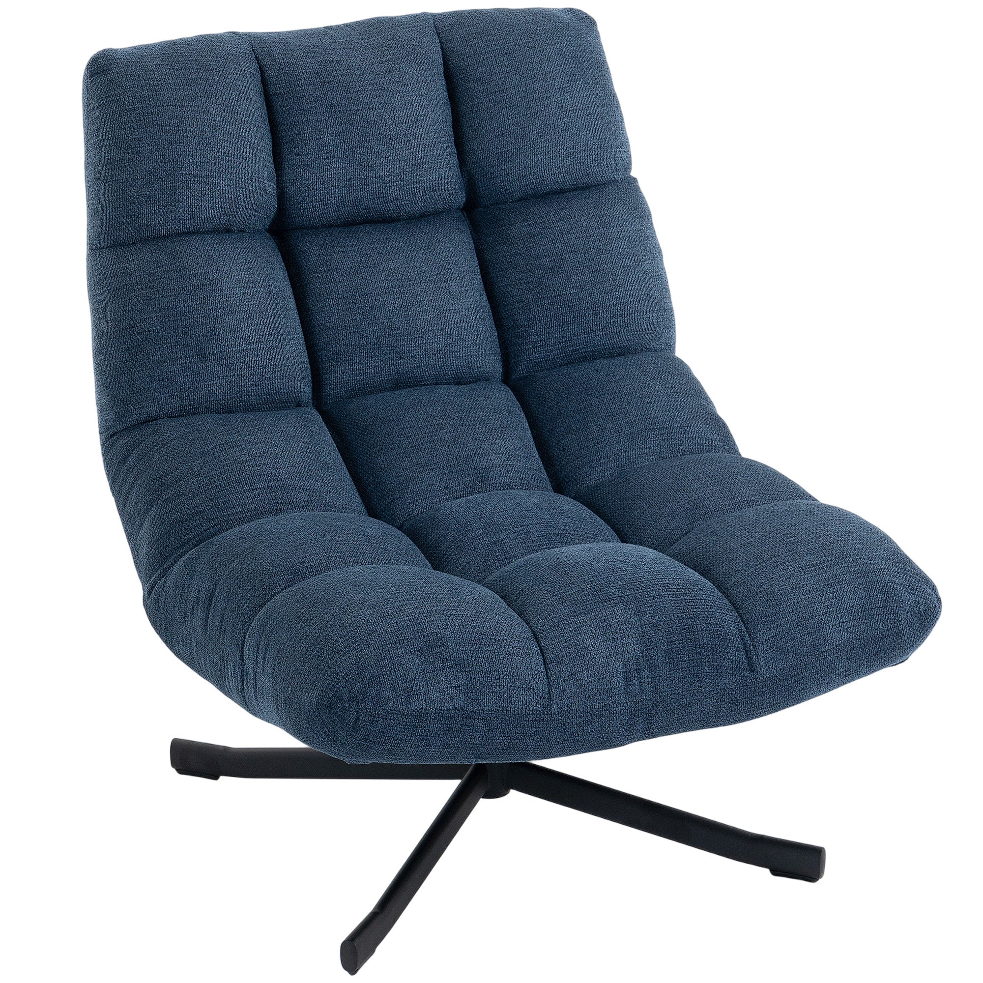 Armless Swivel Lounge Chair — Wide Chenille Seat, Steel Base, Dark Blue