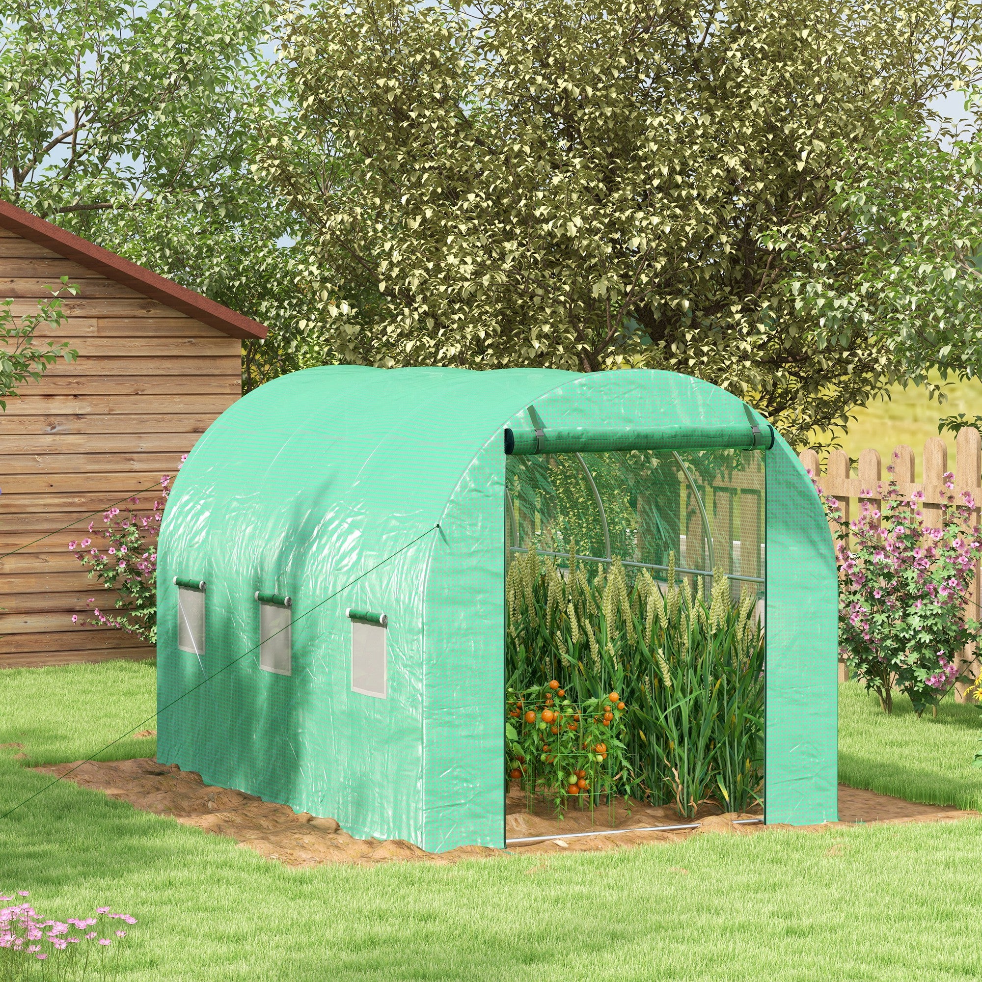6m² Garden Tunnel Greenhouse Tomato Greenhouse with Integrated Watering System 3L x 2W x 2H m Reinforced Steel + High-Density PE 140 g/m² 6 Windows Roll-Up Door Green