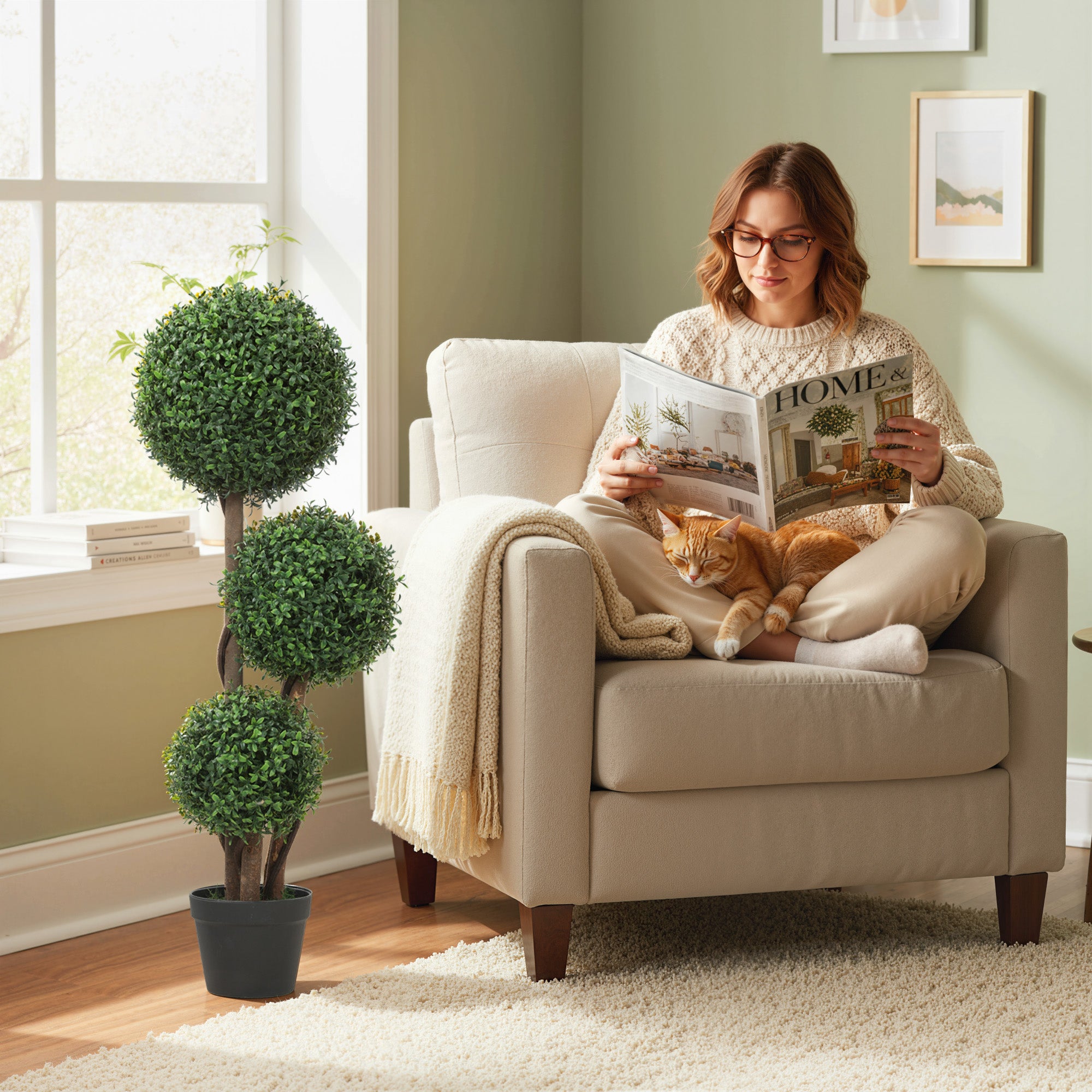 39.4 in (100 cm) Large Boxwood Topiary - Three-Ball Artificial Plant with Real Wood Trunk in Pot, Realistic Faux Plant for Living Room, Bedroom, Office, Garden Decor, Gift