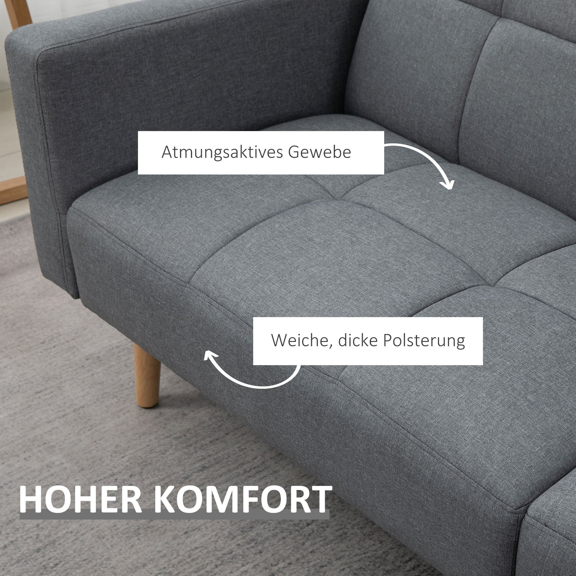 2 in 1 Sleeper Sofa 205 x 88 cm Sofa with Bed Function, Couch with Seat Cushion, Linen Look, Adjustable Backrest for Living Room, Bedroom, Gray