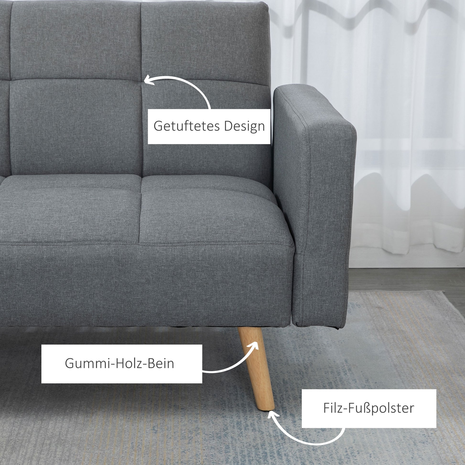 2 in 1 Sleeper Sofa 205 x 88 cm Sofa with Bed Function, Couch with Seat Cushion, Linen Look, Adjustable Backrest for Living Room, Bedroom, Gray