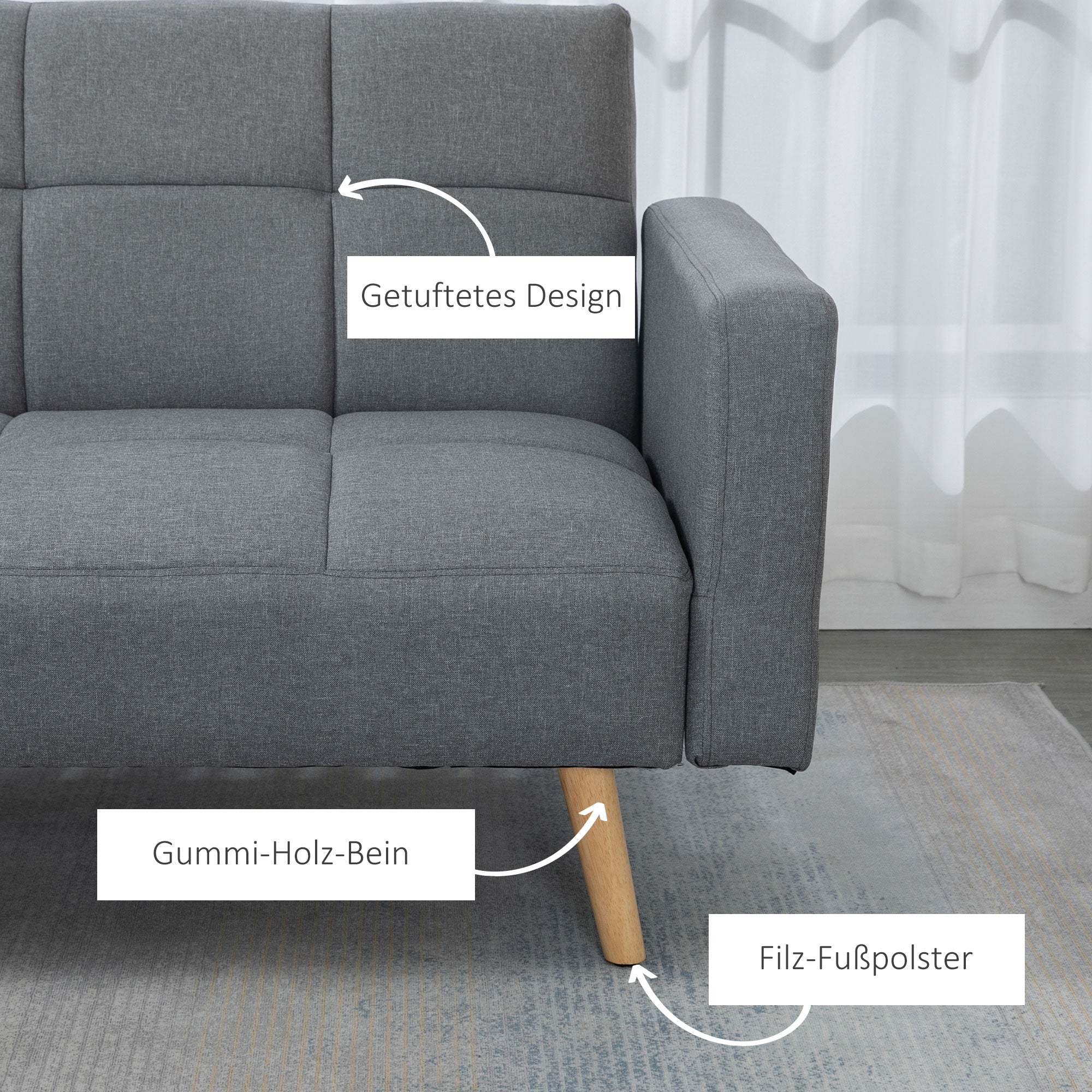 2 in 1 Sleeper Sofa 205 x 88 cm Sofa with Bed Function, Couch with Seat Cushion, Linen Look, Adjustable Backrest for Living Room, Bedroom, Gray