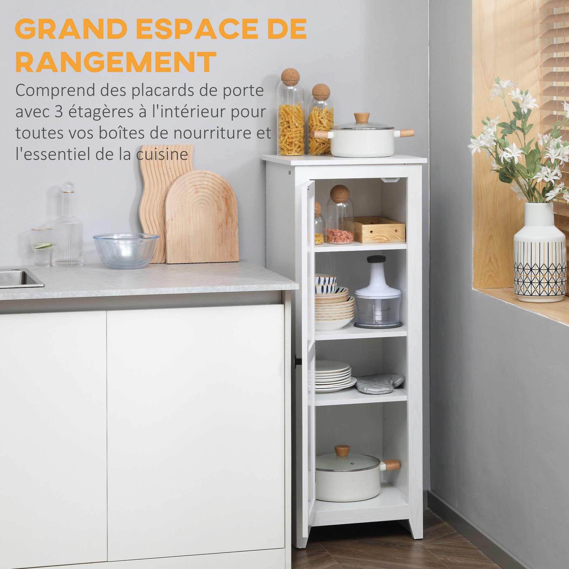 Storage Cabinet Buffet Kitchen Storage Unit for Bathroom Space Saver Classic Style with 3 Adjustable Shelves - Height 120 cm in White Wood
